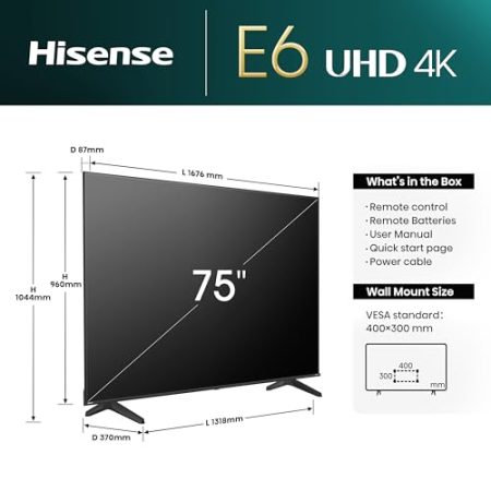 Hisense 75E6NT 189cm (75 Zoll) Fernseher, 4K UHD Smart TV, Precision Colour, HDR, Dolby Vision, 60Hz, Triple Tuner DVB-C/S/S2/T/T2, WiFi, HDMI 2.1, Bluetooth, Alexa Built-in, Schwarz, [2024]