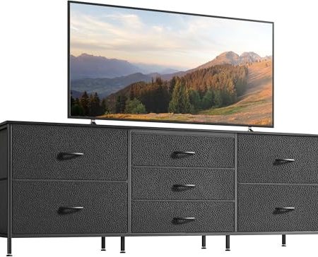 Huuger Kommode für Schlafzimmer, 63 Zoll Kommode TV-Ständer für 55, 65, 70 Zoll Fernseher, Lange Kommode, Stoffkommode, TV-Ständer mit 7 Schubladen, Aufbewahrungskommode für Schrank, Kleidung, Schwarz