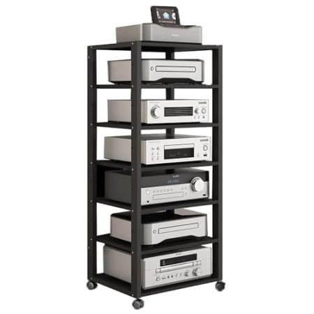 Hohe Audio-Video-Rack-Schränke mit 7 Ebenen, beweglicher Eck-TV-Ständer/Plattenspieler-Konsolenschrank, Entertainment-Stereo-Ständer, Medienturm mit verstellbarem Regal für Wohnzimmer, Gamin