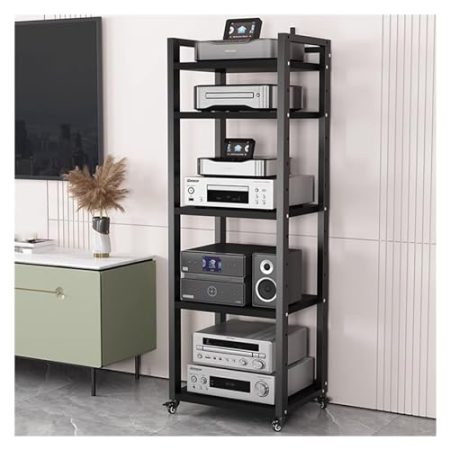 5/6/7/8-stufiger Medienständer, Audio-/Videokomponentenschrank mit Rädern, rollendes Regal für Videospielkonsolen, robustes verstellbares Stereo-Medienregal, für Zuhaus,Black 5 Layer 50cm/19.7in Wide