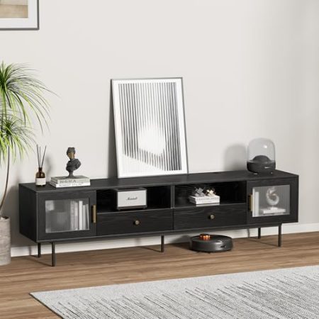 TV Lowboard 200 cm, Fernsehtisch, Stehend/Hängend, Italienischer TV Schrank aus Holz, TV Board Schwarz für 75-Zoll-Fernseher, TV Sideboard Wohnzimmer