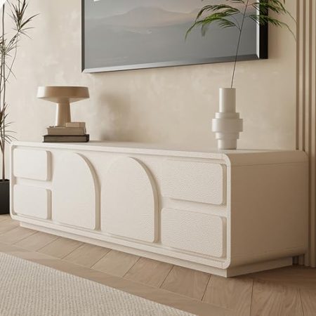 JIAOCKJIAO Moderner TV Schrank, Entertainment-Center Wohnzimmer, Fernsehtisch mit Kabellöchern, TV Board mit Aufbewahrungsschubladen, TV Sideboard aus Holz(White A,55x16x18''/140x40x45cm)