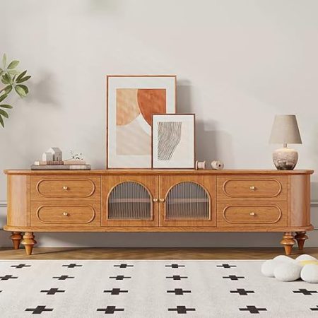 TV Schrank Fernsehständer aus Holz, Fernsehkonsole mit 4 Schubladen, Fernsehschrank mit gewölbter Glastür, klassisches Entertainment-Center, moderner Fernsehständer, Fernsehtisch mit Kabellöchern (nat