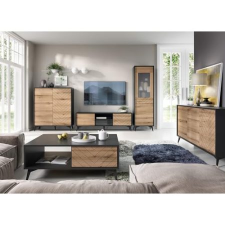 Wohnzimmer Set Wohnwand schwarz mit Eiche Highboard TV Lowboard Vitrine Sidebaord Couchtisch