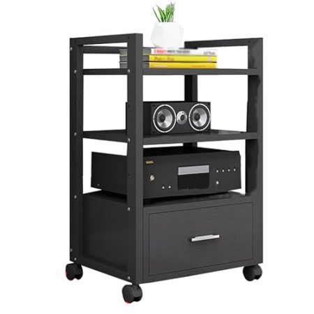 AV-Media-Ständer, Medienkonsole mit Schublade, Eck-TV-Ständer, Stereo-Regale und Ständer mit Ablageflächen, TV-Box, Zubehör, Organizer-Schrank, Schwarz / Braun