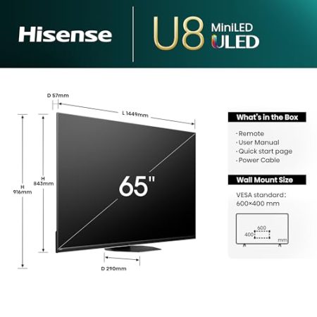 Hisense 65U8NQ 164cm (65 Zoll) Fernseher, 4K Mini LED ULED HDR Smart TV, Quantum Dot, 120Hz/ 144Hz VRR, HDMI 2.1, Game Mode Pro, 2.1.2 Kanal Sound, Dolby Vision IQ & Atmos, Anthrazit, [2024]