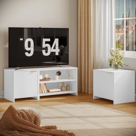 WOLTU TV Schrank weiß, Lowboard für Fernseher bis zu 70 Zoll, 3-in-1 TV Board teilbar, Fernsehschrank mit 2 offenen Fächern 2 Türen, aus Holzwerkstoff, 160x45x39 cm, TVS0002ws