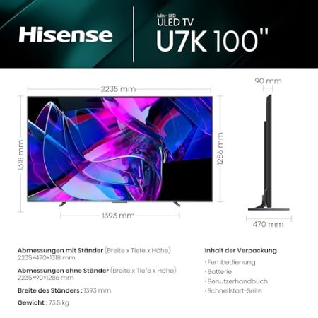 Hisense 100U7KQ (100 Zoll) Fernseher 4K Mini LED ULED HDR Smart TV, Quantum Dot, 120Hz, HDMI 2.1, Game Mode Pro, Dolby Vision IQ & Atmos, Bluetooth, Alexa Built-in, Anthrazit