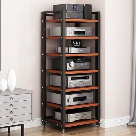 JIAOCKJIAO 7 Ebenen AV Audio Rack Hi Fi Regal, Bewegliches Hi Fi Rack, Hoher Phonoschrank, Verstellbare Regale, Offener Record Player Stand, für DVDs Player, TV Zubehör(Brown)