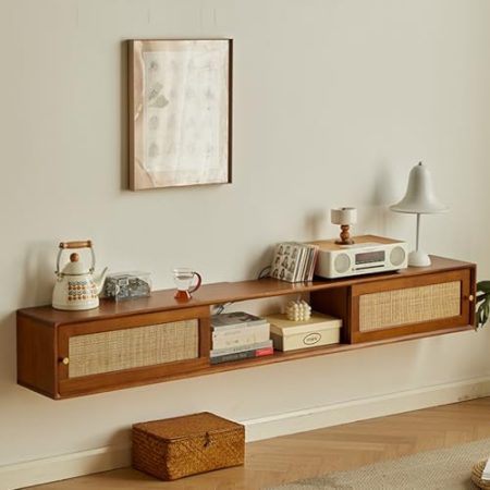 HOLGVE Tv Schrank Holz, Fernsehtisch Mit Rattan-Türen, Entertainment-Center, Fernsehschrank Mit Hängenden Schiebetüren, for Wohnzimmer, Schlafzimmer, TV Board(Walnut,150 x 25 cm/59x9.8in)