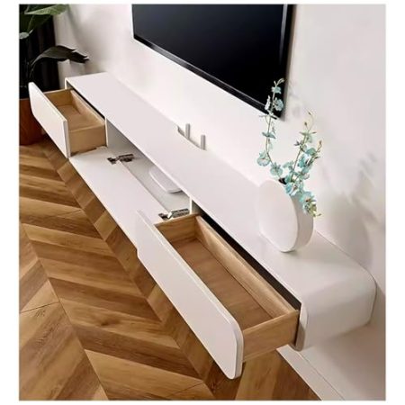 TV Schrank Schwarzer schwebender TV-Ständer mit glänzender Oberfläche, wandmontierte TV-Konsole, weißer TV-Schrank aus Holz mit Schubladen, Medienkonsole, TV-Aufbewahrungsregal mit Fräserloch und hohl