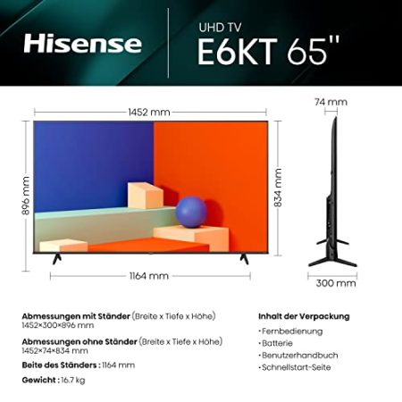 Hisense 65E6KT 164cm (65 Zoll) Fernseher, 4K UHD, HDR, Dolby Vision, Triple Tuner, Smart-TV, Bluetooth, WiFi, Alexa Built-In, DTS Virtual X, Hotel Mode, Schwarz [2023]