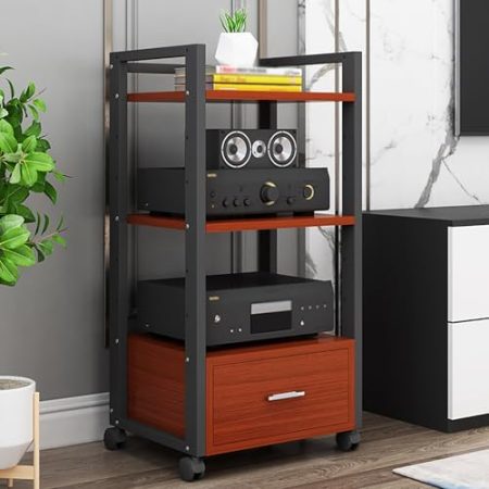 AV-Media-Ständer, Medienkonsole mit Schublade, Eck-TV-Ständer, Stereo-Regale und Ständer mit Ablageflächen, TV-Box, Zubehör, Organizer-Schrank, Schwarz / Braun