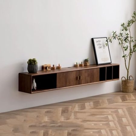 TV Lowboard Hängend Wandmontierter schwebender TV-Schrank aus Walnussholz mit Türen und offenen Ablageflächen, TV-Konsolentisch, hängende Schränke for Unterhaltungsmedien TV Schrank Hängend ( Size : 2