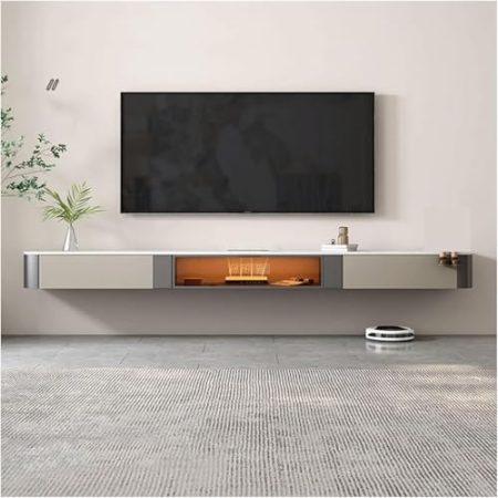 ZHENCHAO Schwebender LED-TV-Ständer mit Verriegelungsplatte, modernes, wandmontiertes Entertainment-Center für Fernseher, 78,7"/86,6"/94,4", ultradünnes Design, Regal und TV-Schrank, Tisch-