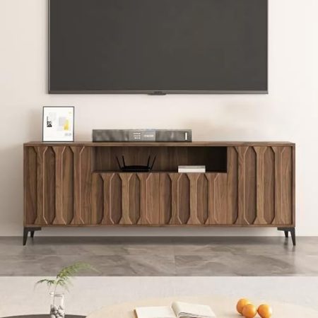 HOLGVE TV Schrank Holz, Fernsehtisch, Fernsehschrank, TV-Lowboard Tv Board TV Sideboard mit Schließfächern und Offenem Stauraum, für Schlafzimmer Wohnzimmer(160cm/62.9in)