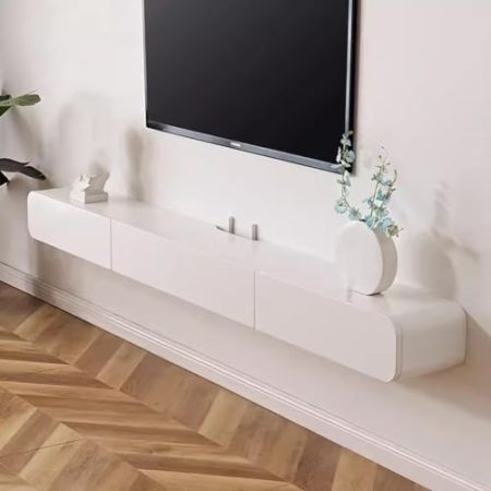 F TV-Ständer mit großen Ablageflächen, Wandmontage, TV-Schrank für Wohnzimmer, Weiß, 180 cm