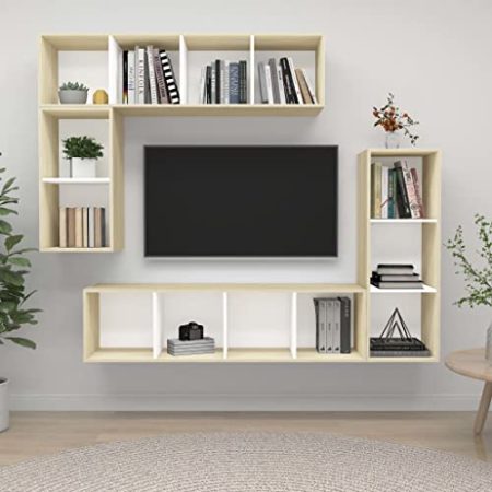 AUUIJKJF Home Outdoor Others4-teiliges TV-Schrank-Set, Weiß und Sonoma-Eiche, Holzwerkstoff