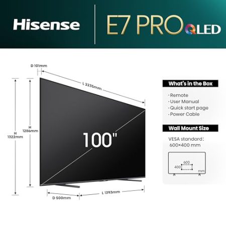 Hisense 100E77NQ Pro 254cm (100 Zoll) Fernseher, 4K UHD, QLED, Smart TV, Total HDR, Dolby Vision IQ Atmos, 144Hz (VRR), HDMI 2.1, Game Mode PRO, Triple Tuner, Alexa Built-In, Dunkelgrau, [2024]