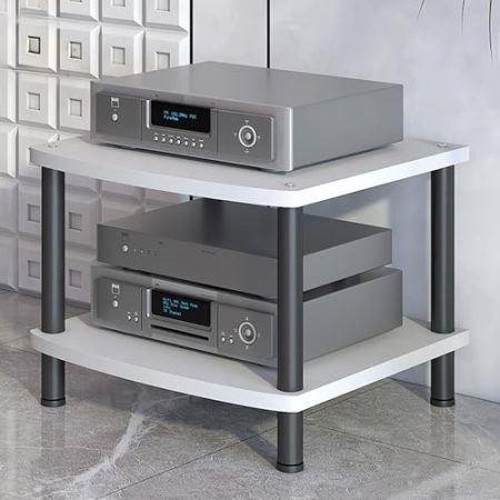 Generisch Video-Medienständer, AV-Audio-Rack, Rahmen aus Kohlenstoffstahl, offenes Stereo-Schrank, modernes TV-Regal, hölzerner Medienaufbewahrungsschrank, für DVD-Player, TV-Zubehör (weiß, 2 Ebenen,