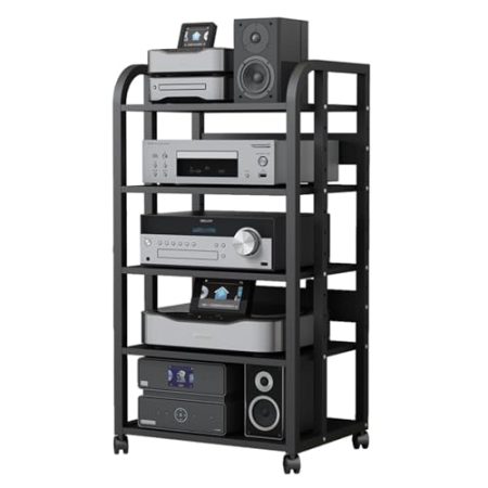 Audio Rack HiFi Regal 5 4 3 2 Etagen Stereo-Komponenten-Rack/-Schrank, Heavy Duty Heimbüro Audio-/Video-Medienständer mit verstellbarem Regal, Rollendes Hochregal für Player/TV-Zubehör(Size:5 Tier-H