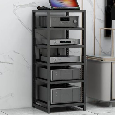 Heimkino-Media-Ständer mit Metallrahmen und offenem Stereo-Schrank für Verstärker, Player und TV-Zubehör, Schwarz (49,8 x 99,8 cm)