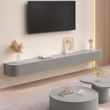 Wandmontiertes Unterhaltungszentrum aus Massivholz mit Schubladen und versteckten Fächern, moderne Medienkonsole mit Regalen und schlankem Schrank für Wohnzimmer oder Schlafzimmer, Grau, 300 cm