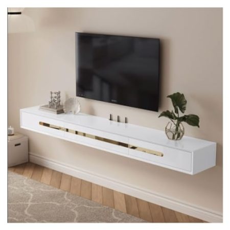 Fernsehtisch Wandmontierter schwimmender TV-Ständer aus Holz, TV-Ständer mit Lagerschränken und Regalen, moderner Entertainment-Center-Schrank mit Kabellöchern for Wohnzimmer, Schlafzimmer TV Board(Wh
