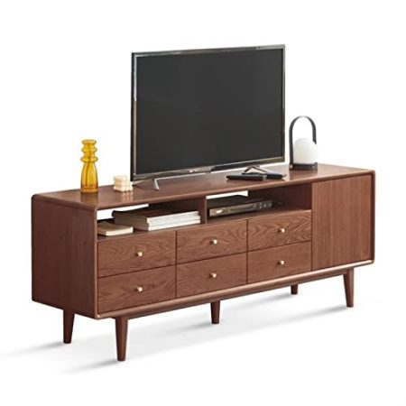 TV Schrank TV-Ständer, 24 Zoll hoher TV-Entertainment-Center-Ständer, moderner Aufbewahrungsschrank aus Eiche mit Schubladen und offenen Regalen, minimalistische Kommode mit Messinggriffen, Fernsehtis