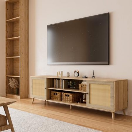 GEBAROW Media-TV-Ständer für 190 cm (75 Zoll) Fernseher, Entertainment-Center mit verstellbarer Ablage, Rattan-TV-Konsole mit 2 Schränken, moderner TV-Konsolentisch für Wohnzimmer, Schlafzimmer