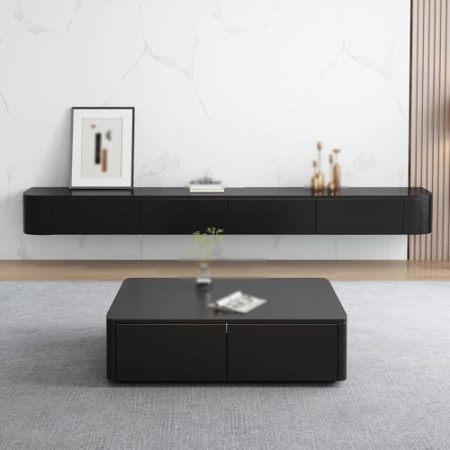 Wandmontierte, moderne Medienkonsole, Massivholz, Unterhaltungszentrum mit Schubladen, Regalen und versteckten Fächern, schlanker, schwarzer Schrank für Wohnzimmer und Schlafzimmer, 260 cm