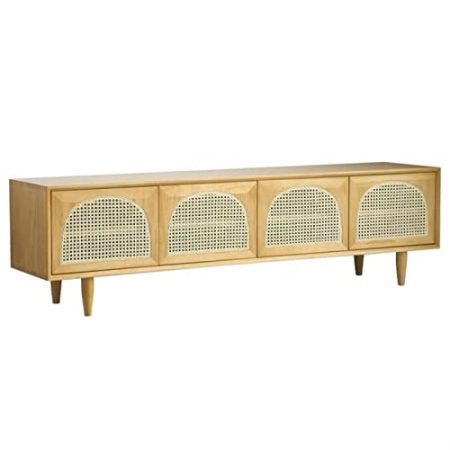 TV Lowboard Farmhouse TV-Ständer aus Rattan, moderne Media-Entertainment-Center-Konsole aus Kiefernholz mit 4 Türen und verstellbaren Regalen for Wohnzimmer, Schlafzimmer und Büro TV Schrank ( Color :