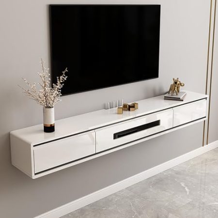 Wandmontierter TV-Bänke,Multimedia Wandregal mit Kabelloch,Schwebendes Regal für Unter Dem Fernseher,an der Wand montierter Medienkonsolen-TV-Schrank mit 2 Schubladen，für Zuhause Büro Wohnzimmer.(Whit