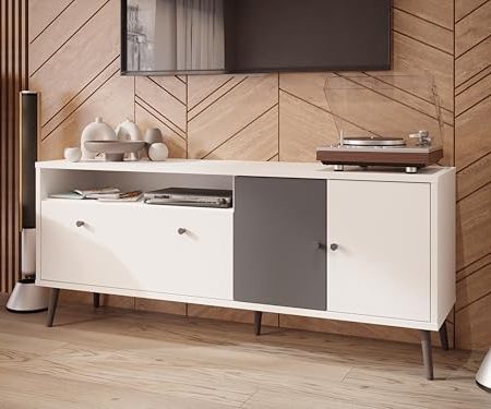 Forte HARLLSON, einfache Montage Dank EasyKlix by TV Tisch Weiß mit Uni Wolfram Grau, TV Schrank mit 2 Türen, skandinavischer Stil, Retro, 160 cm breit x 67 cm hoch x 41 cm tief