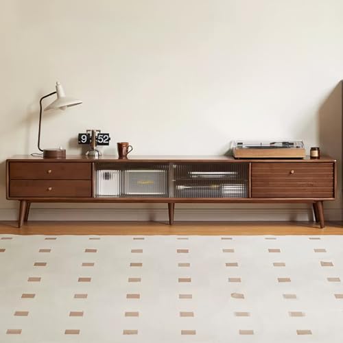 JIAOCKJIAO TV Schrank Holz, mit 3 Schubladen, Entertainment-Center, Fernsehschrank, mit Großem Kabelloch, TV-Konsole, TV Board mit Glasschiebetüren, mit Verstellbaren Regalen