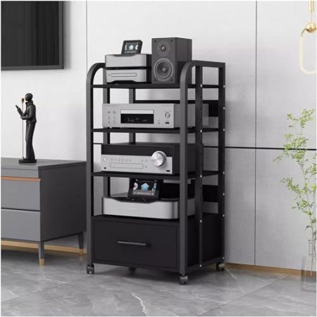 AV-Medienständer, CD-Player-Ständer, Heim-Stereo-Rack-System Mit Höhenverstellbarer Ablage Und Rollen, Robuster Audio-/Video-Komponentenschrank For Verstärker/Player/TV-Zubehör(Size:4 Tier-with Drawer