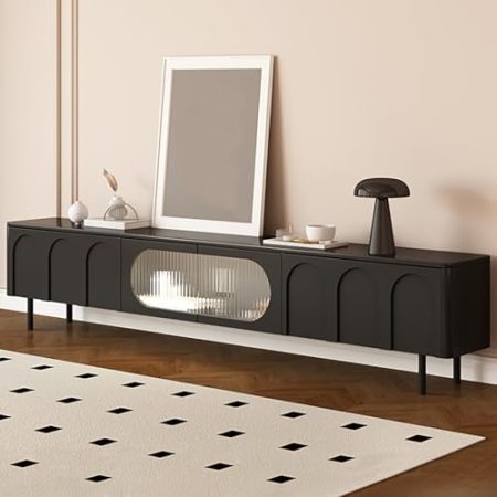 JIAOCKJIAO TV Schrank, Modernes TV Board, Entertainment-Center, Fernsehtisch mit 2 Schubladen und 2 Glastüren, Schwarze TV Sideboard mit Stauraum, for Wohnzimmer