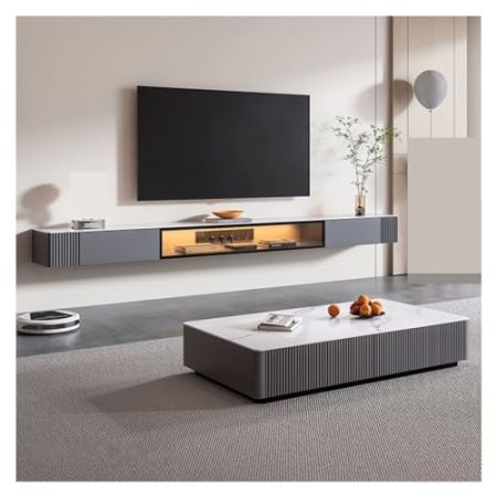 TV Schrank Fernsehschrank An der Wand montierter schwebender TV-Ständer mit Aufbewahrungsschrank, TV-Ständer for Schlafzimmer und Wohnzimmer mit LED-Licht, moderner Fernsehständer mit Schiefer-Tischpl