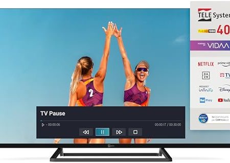 TELE System Smart TV 40 Pollici Full HD LED Frameless, Zertifiziert für CAM tivùsat, HbbTV, HDR10 HLG, betrieben von VIDAA, inklusive Doppelfernbedienung.