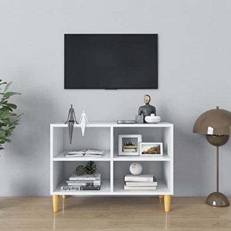 GaRcan TV-Schrank mit Fächern und Holzbeinen, moderner TV-Ständer, TV-Möbel, TV-Einheit, TV-Tisch für Wohnzimmer, Unterhaltungszimmer, Flur, Weiß 69,5 x 30 x 50 cm