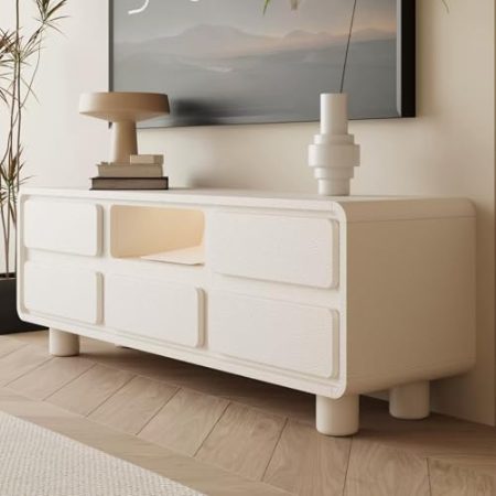 JIAOCKJIAO Moderner TV Schrank, Entertainment-Center Wohnzimmer, Fernsehtisch mit Kabellöchern, TV Board mit Aufbewahrungsschubladen, TV Sideboard aus Holz(White B,55x16x20''/140x40x50cm)