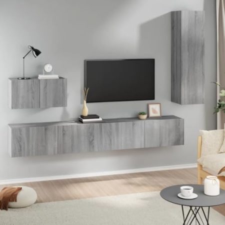 AUUIJKJF Home Outdoor Others4-teiliges TV-Schrank-Set, Grau, Sonoma, Holzwerkstoff