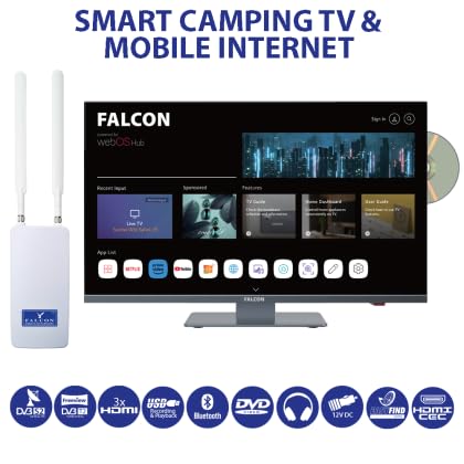 Falcon WebOS Smart FHD Camping-TV und mobiler Booster-Internet-Router ist eine kombinierte Lösung mit Freeview Play, Netflix, Prime Video, Disney+, YouTube und mehr (27” WebOS SMART Combo Bundle)