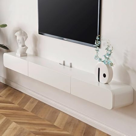HOLGVE TV Schrank, Schwebendes Entertainment-Center Aus Massivholz, Kleiner Fernsehtisch, Schubladen Und Klapptüren, Schwebender Fernsehschrank Mit Kabellöchern(Wit,150x24cm/59 x 9.4 inches)