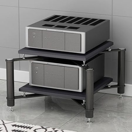 JIAOCKJIAO Audio Rack Hi Fi Rack, Moderner Hi Fi Regal, Mehrschichtiges Design, Stereo Phonoschrank mit Stoßdämpfenden Nägeln, Metallbeine, für CD-Player, TV-Zubehör(Nero,2 Tier 70x70x50CM)