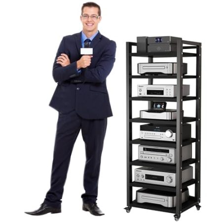 Audio rack hifi regal Startseite AV-Medienständer/ Eckregal/ Stereokabinett/ Audio-Rack-Turm, 161cm/ 63inch Hoch Multifunktional Audio/Video Komponenten Rack, Modern AV-Schrank Mit Rollenden Rädern(Bl
