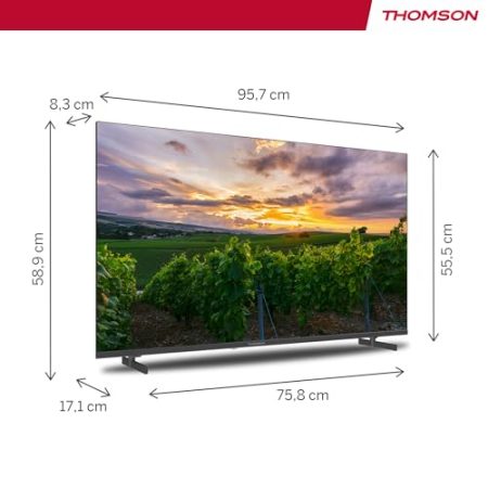 Thomson 43 Zoll (108 cm) QLED Smart Android TV (WLAN, HDR, dreifacher DVB-C/S2/T2-Tuner, Sprachsteuerung, Netflix, YouTube, Prime Video, Disney+) – 43QA2S13-2023