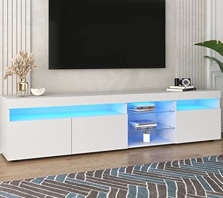 Azkoeesy TV Schrank 180cm in Hochglanz Weiß, mit LED-Beleuchtung, Moderner TV Board, TV Lowboard, Fernseher kommode, mit 3 Türen und Glasablage