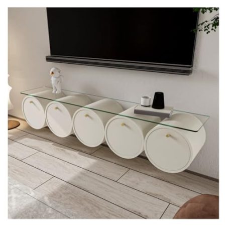 TV Lowboard Hängend Kreativer schwebender TV-Ständer zur Wandmontage mit Glastischplatte, schwebender TV-Schrank, moderne schwebende Medienkonsole mit 5 Schubladen, Schrank for Wohnzimmer, Schlafzimme