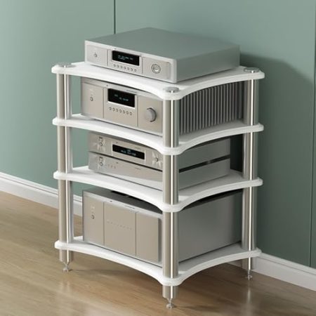 Audio Rack HiFi Regal Modernes HiFi-Audio-Rack, Medienständer Aus Edelstahl Mit Füßen, 2-/3-/4-lagiges Stereokomponenten-Schrank Für DVD-Player/Spielekonsole/TV-Box/WLAN-Router(White,H-85cm/33.4in)